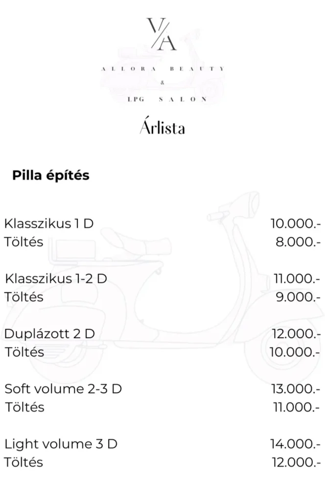 Allora Beauty Salon pillaépítés árlista